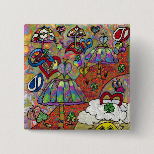 Badge Carré 5 Cm Bouton Champignon Magique Rétro Psychedelique 60s