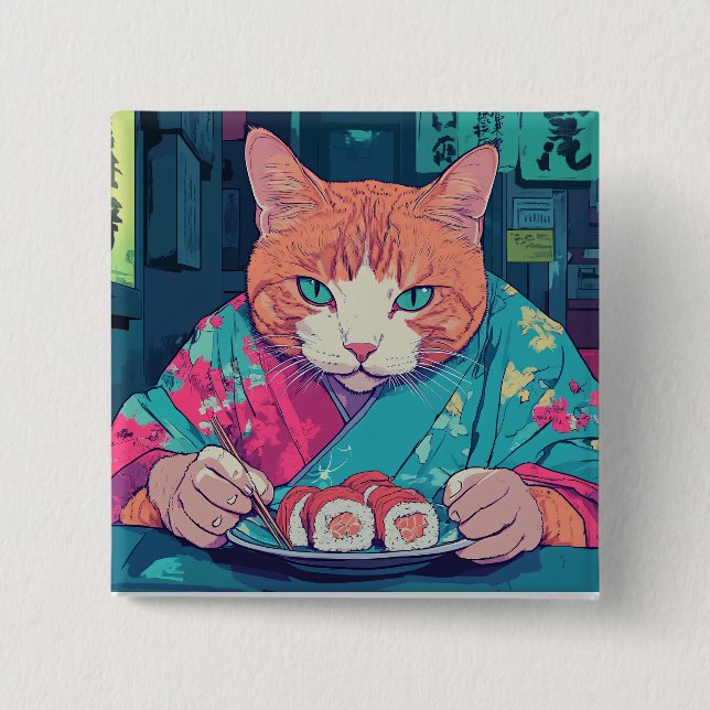 BADGE CARRÉ 5 CM BOUTON CHAT SUSHI (Devant)