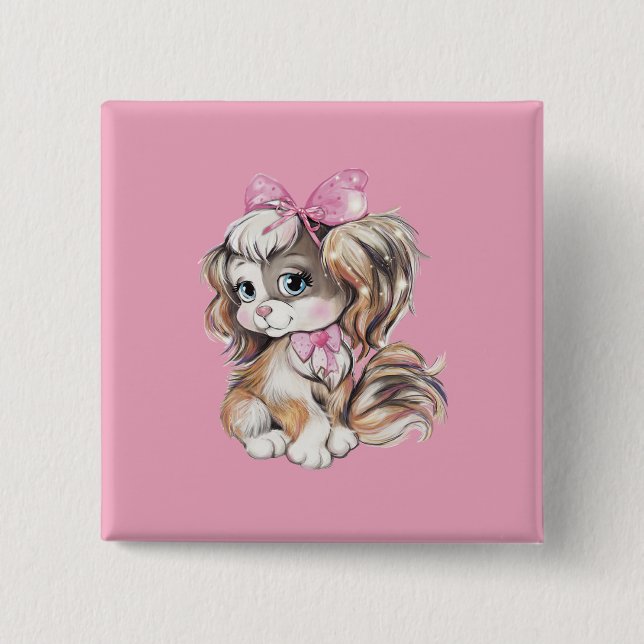 Badge Carré 5 Cm Bouton Chiot (Devant)