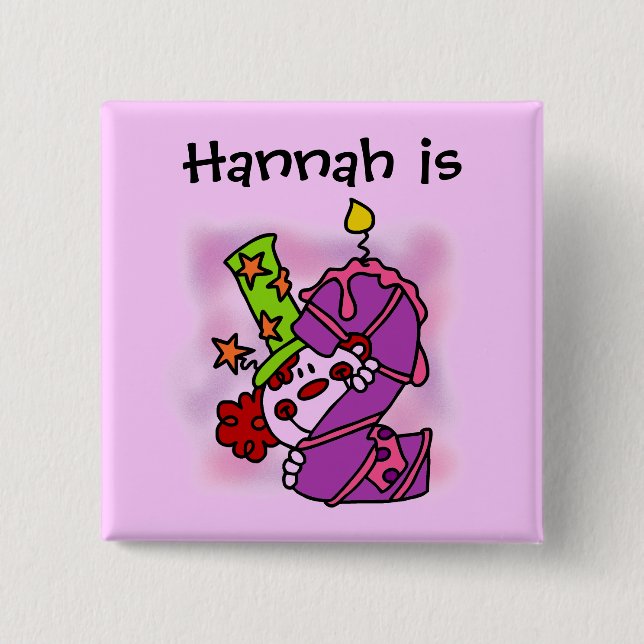 Badge Carré 5 Cm Bouton Clown à bougie violette 2e anniversaire (Devant)