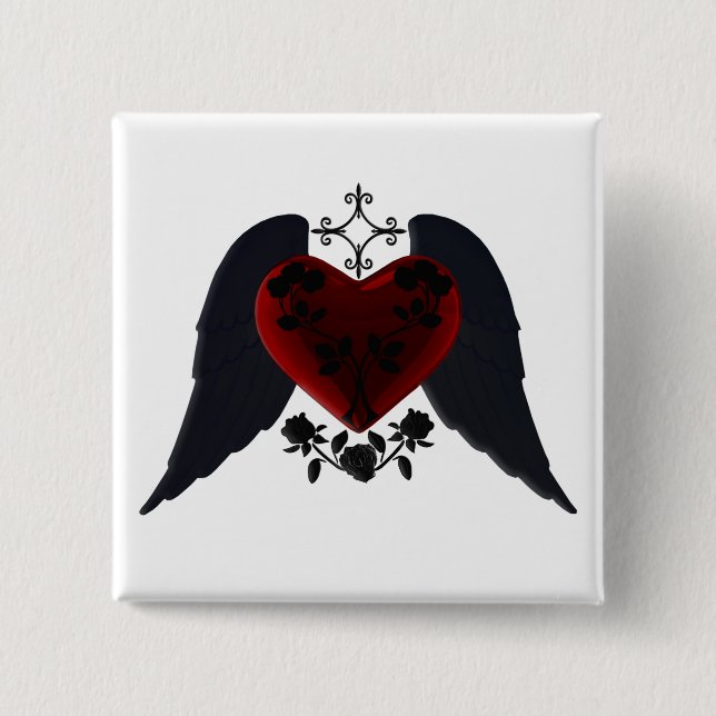 Badge Carré 5 Cm Bouton Coeur de Goth à ailes noires (Devant)