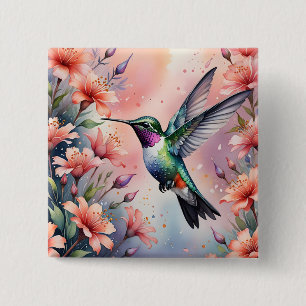 Badge Carré 5 Cm bouton colibri floral