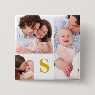 Badge Carré 5 Cm Bouton Collage photo Monogramme 4 personnalisé