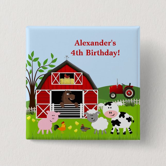 Badge Carré 5 Cm Bouton d'anniversaire de Barnyard Farm Animals (Devant)