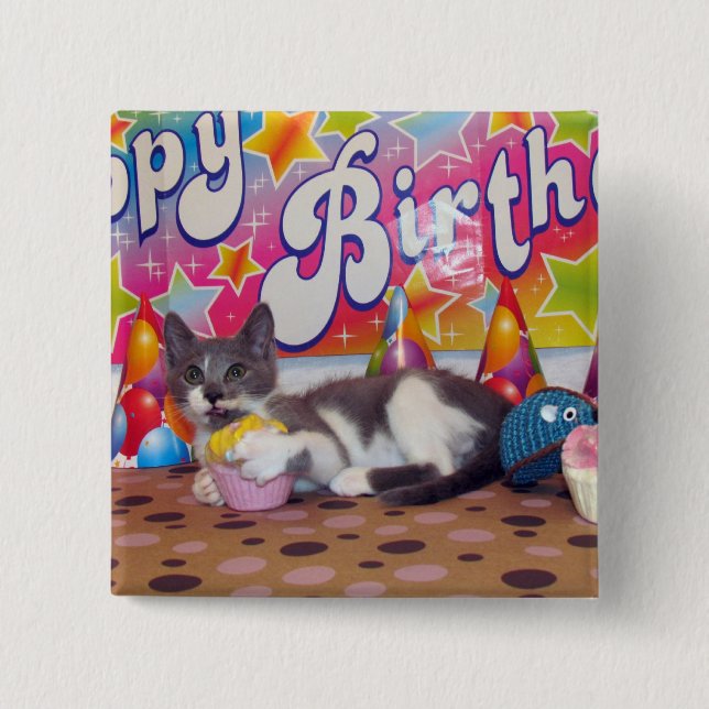 Badge Carré 5 Cm Bouton d'anniversaire de Bob - Chat / Kitten (Devant)
