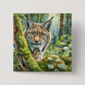 Badge Carré 5 Cm Bouton d'aquarelle Lynx dans la forêt verte luxuri
