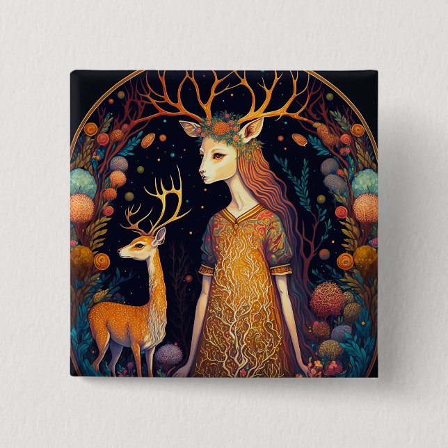 Badge Carré 5 Cm Bouton d'art de Deer Lady Imaginaire (Devant)