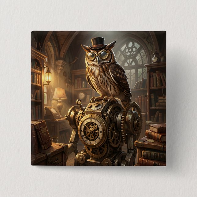 Badge Carré 5 Cm bouton d'art mécanique de hibou steampunk (Devant)