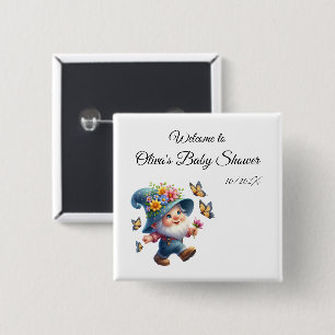 Badge Carré 5 Cm Bouton de Baby Shower 'Gnome Joyeux avec Papillon'