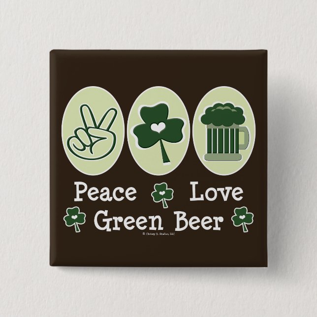 Badge Carré 5 Cm Bouton de bière verte Peace Love (Devant)