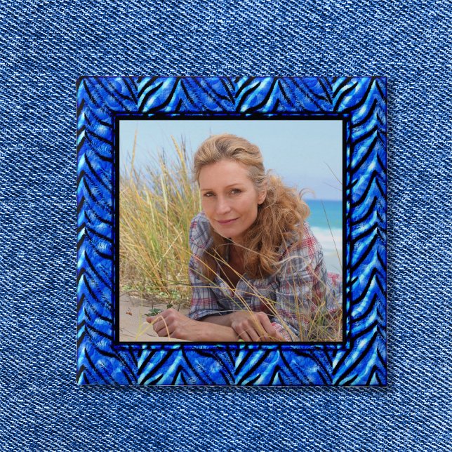 Badge Carré 5 Cm Bouton de cadre photo bleu coloré (Bright Blue Zebra Art Border Photo Button)