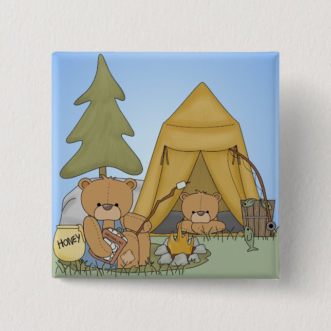 Badge Carré 5 Cm Bouton de camping Ours (Devant)