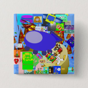 Badge Carré 5 Cm Bouton de dessin d'un joyeux vaisseau spatial
