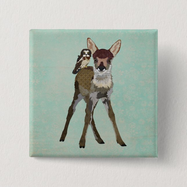 Badge Carré 5 Cm Bouton de faon et de hibou (Devant)