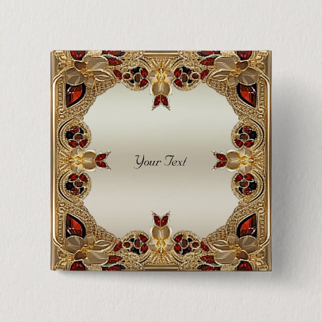 Badge Carré 5 Cm Bouton de fleur dorée en pierre précieuse rouge (Devant)