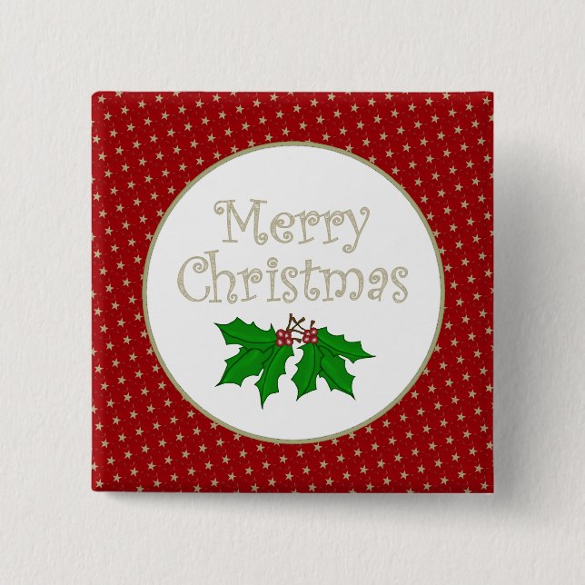 Badge Carré 5 Cm Bouton de houx de Joyeux Noël (Devant)