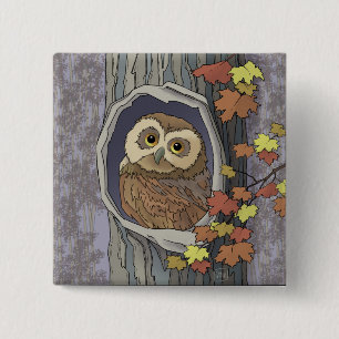 Badge Carré 5 Cm Bouton de la chouette d'automne et des couleurs d'