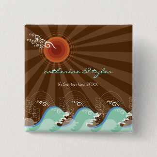 Badge Carré 5 Cm Bouton de mariage Sun Tropical Beach Brown Waves c
