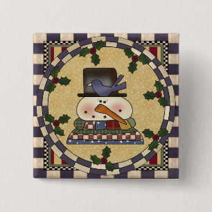 Badge Carré 5 Cm Bouton de Noël - bonhomme de neige d'hiver