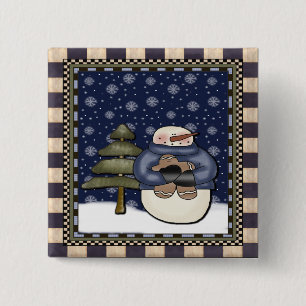 Badge Carré 5 Cm Bouton de Noël - bonhomme de neige et biscuit