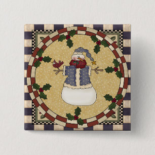 Badge Carré 5 Cm Bouton de Noël - bonhomme de neige habillé par