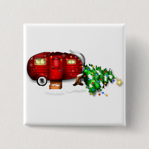 Badge Carré 5 Cm Bouton de Noël du Camper rouge rétro vintage