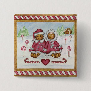 Badge Carré 5 Cm Bouton de Noël Garçon et Fille en Pain d'Épice