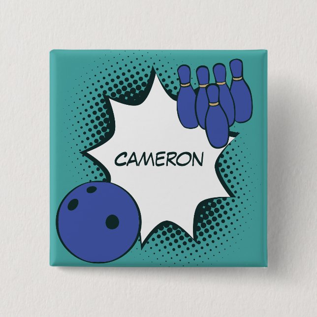 Badge Carré 5 Cm Bouton de nom de bowling Pop Art bleu-vert (Devant)