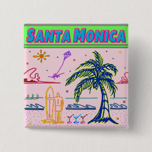 Badge Carré 5 Cm Bouton de plage de surfeur "Santa Monica"