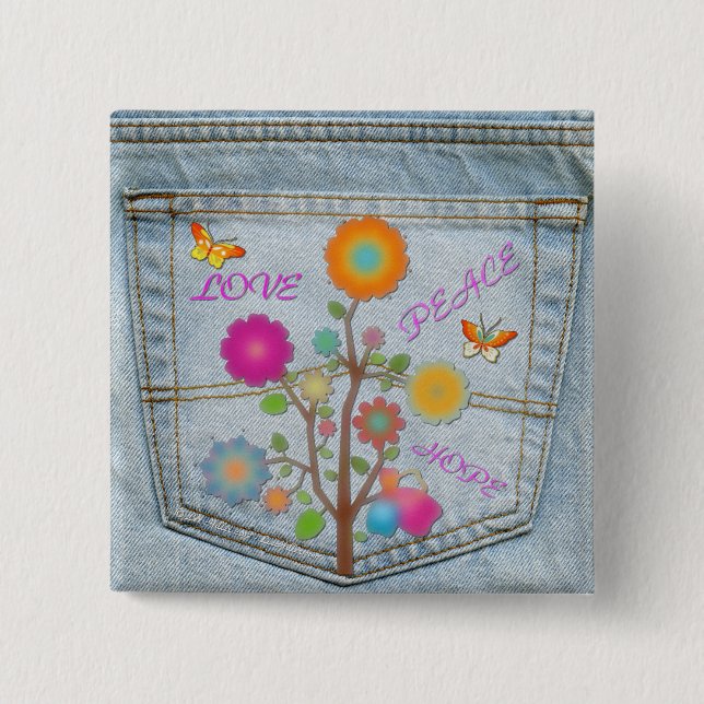 Badge Carré 5 Cm Bouton Denim Back Pocket Flowers Peace Love Hope (Devant)