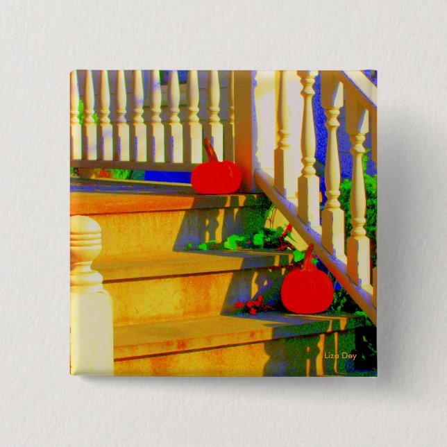 Badge Carré 5 Cm Bouton "Deux Carrés Citrouilles" (Devant)