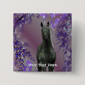 Badge Carré 5 Cm Bouton d'Imaginaire Fleurs de licorne noire
