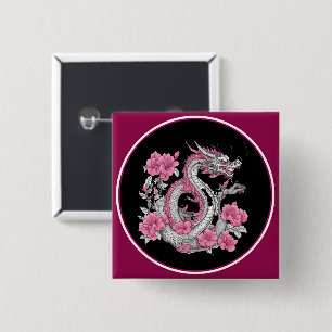 Badge Carré 5 Cm Bouton Dragon Fleur