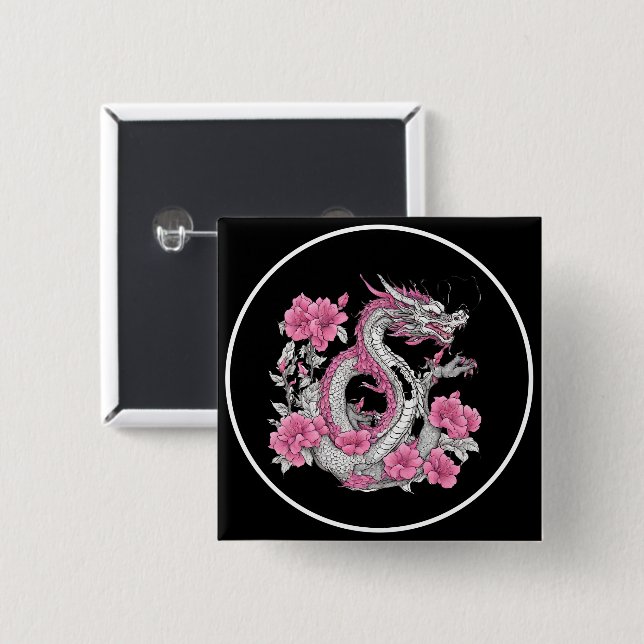 Badge Carré 5 Cm Bouton Dragon Fleur (Devant & derrière)