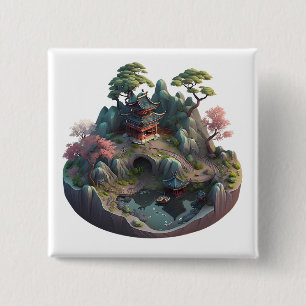 Badge Carré 5 Cm Bouton du Carré paysage 3D Imaginaire chinois mign