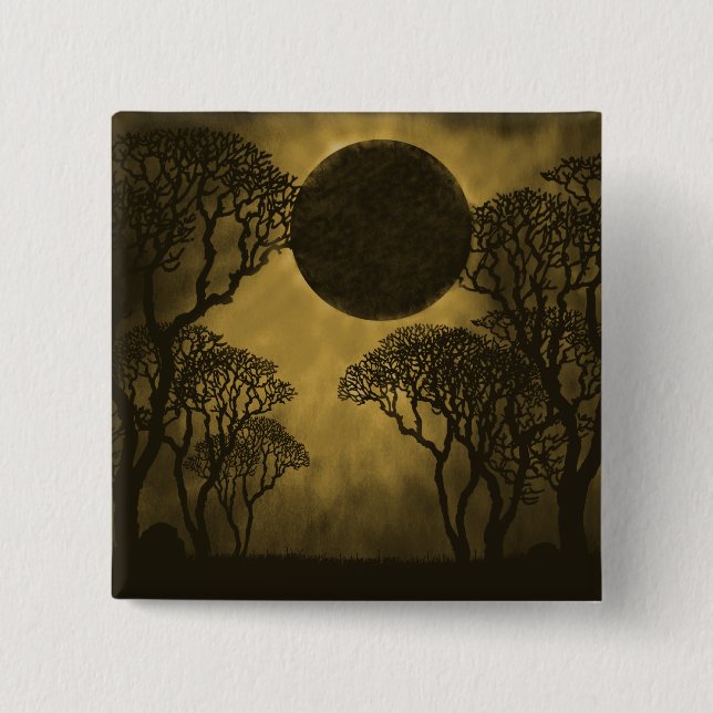 Badge Carré 5 Cm Bouton Eclipse de Forêt foncée dorée (Devant)