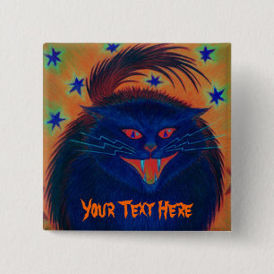Badge Carré 5 Cm Bouton Effrayant Cat Bleu 'Votre Texte'