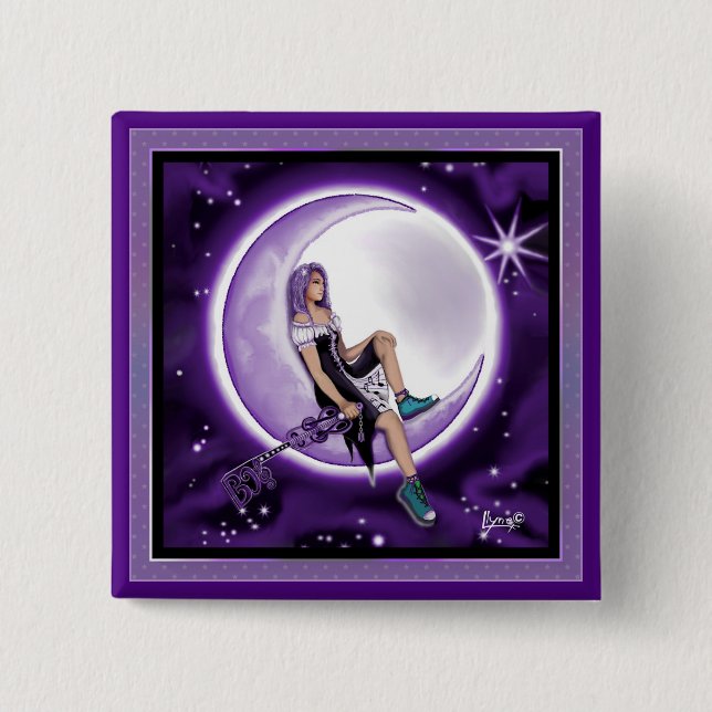 Badge Carré 5 Cm Bouton enfant Lune violette (Devant)