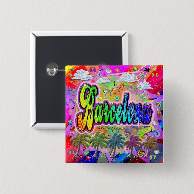Badge Carré 5 Cm Bouton Express de Barcelone Vista (Devant & derrière)