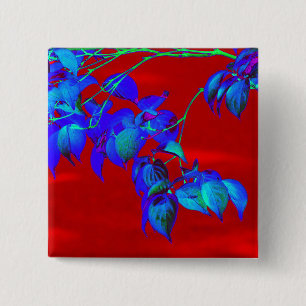 Badge Carré 5 Cm Bouton Feuille bleu ciel rouge