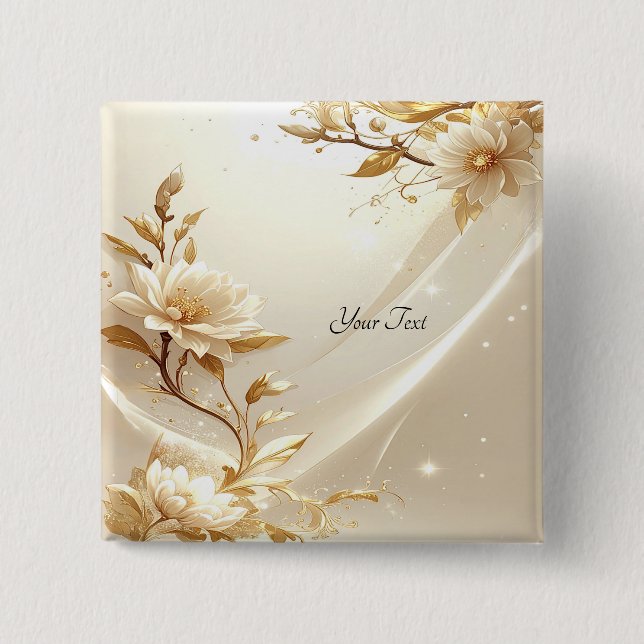 Badge Carré 5 Cm Bouton Fleurs Blanches et Dorées (Devant)