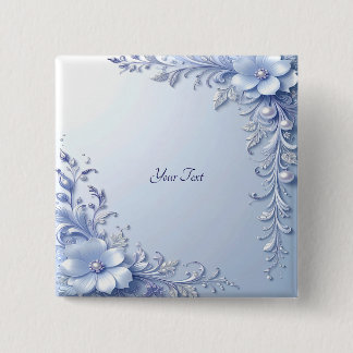 Badge Carré 5 Cm Bouton Fleurs Ornées Bleues avec Perles