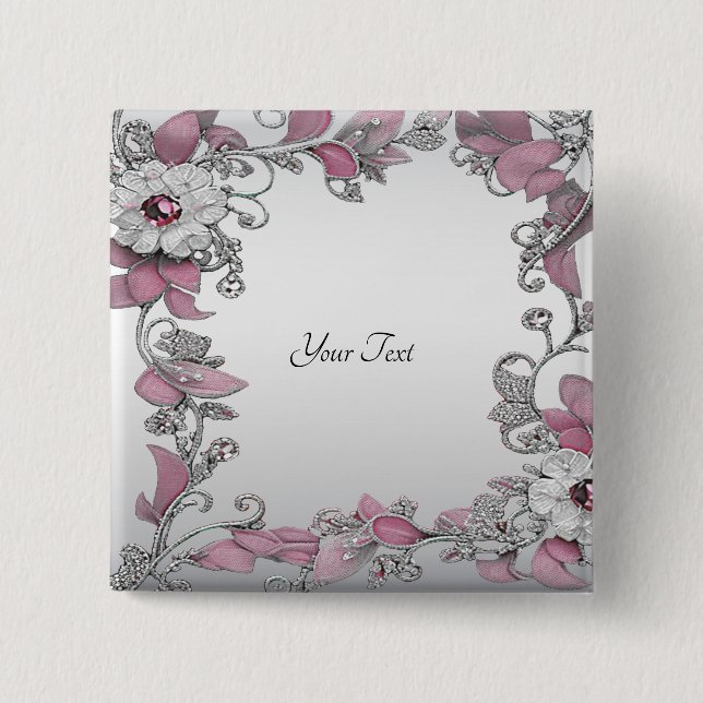 Badge Carré 5 Cm Bouton floral blanc argent rose (Devant)