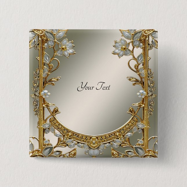 Badge Carré 5 Cm Bouton floral blanc orné d'or (Devant)