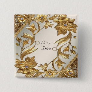 Badge Carré 5 Cm Bouton Floral Feuilles Ondulées Dorées