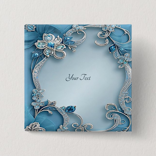 Badge Carré 5 Cm Bouton Floral Orné Bleu (Devant)
