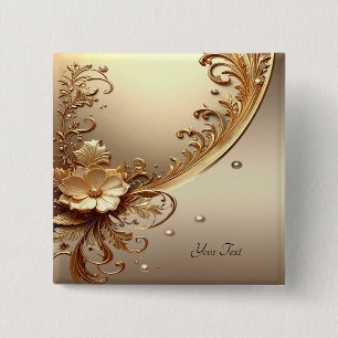 Badge Carré 5 Cm Bouton Floral Orné Doré