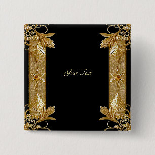 Badge Carré 5 Cm Bouton floral orné or et noir