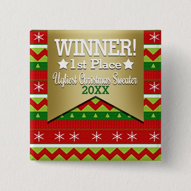 Badge Carré 5 Cm Bouton gagnant du pull de Noël moche (Devant)