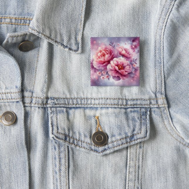 Badge Carré 5 Cm Bouton Galaxy Peony (En situation)